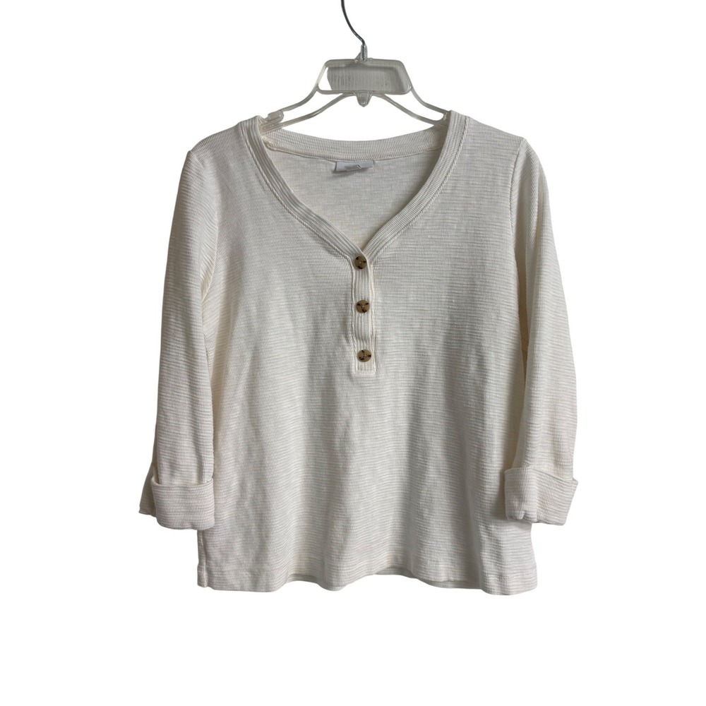 J. Jill Womens White Waffle Knit Henley Top V-Neck 3/4 Sleeve Small Coastal